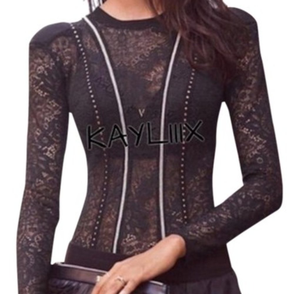 NEW Embellished Lace Mesh Bodysuit Teddy Shirt Top‎